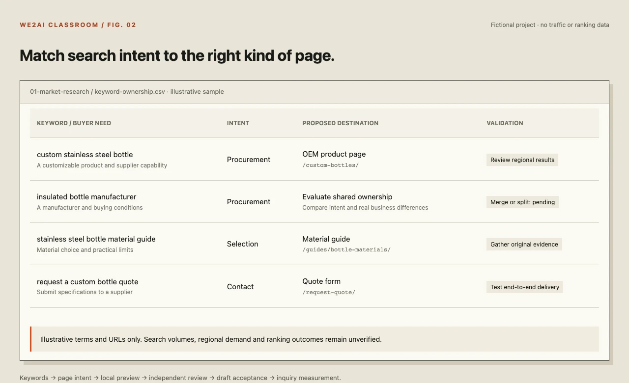 Illustrative keyword ownership table connecting procurement, selection and contact intent to appropriate page types